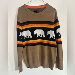 KAVU Men's Tan Sweater with Bear and Stripe Design